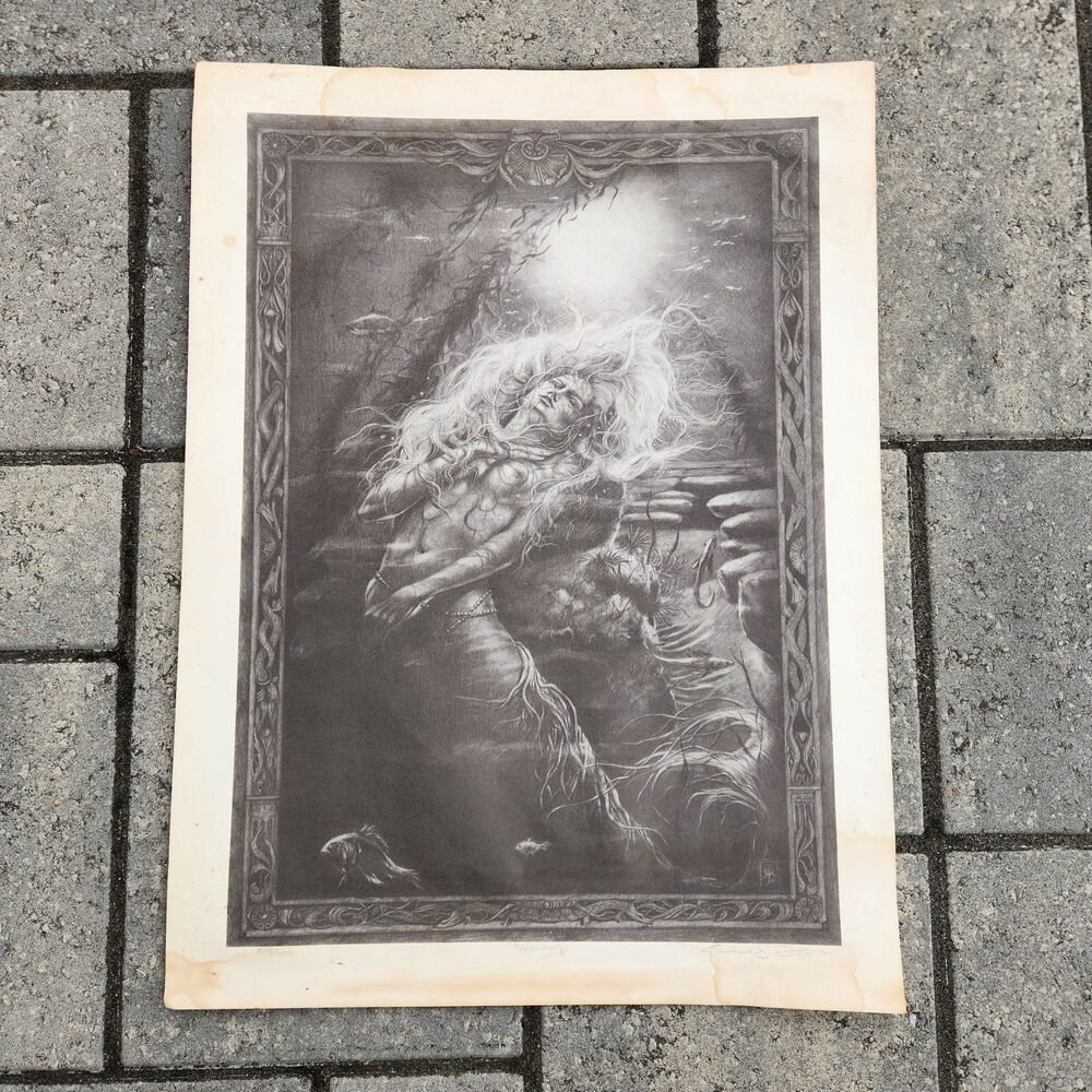 Vtg Art Print "Alysous" Nude Mermaid Dark Fantasy 20x16" Artist Signed 3/100